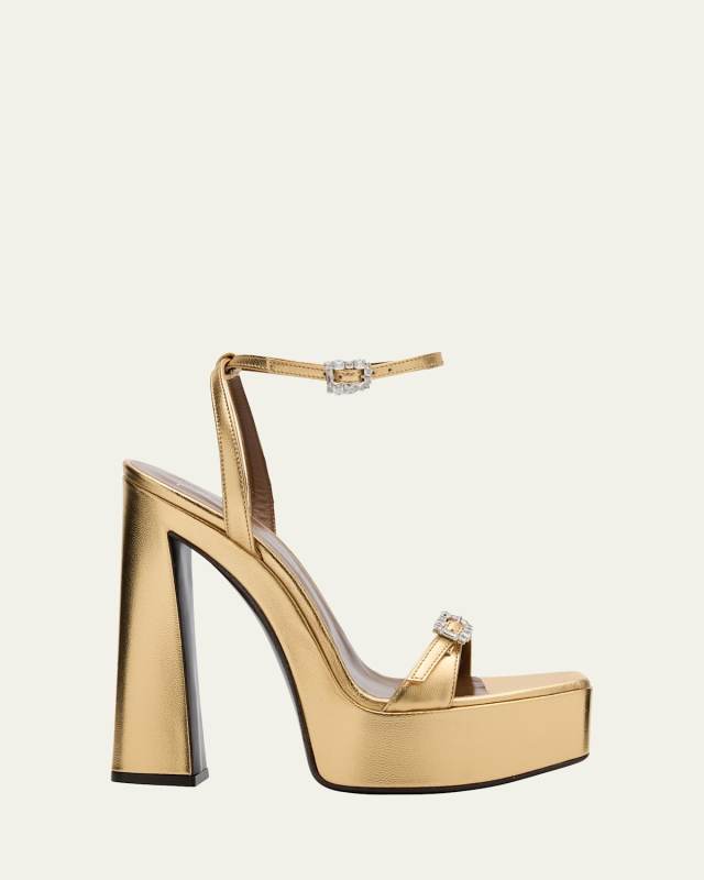 Metallic Leather Crystal-Buckle Platform Sandals